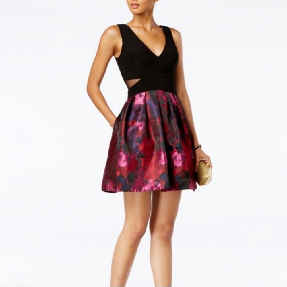 Xscape Black|Red|Pink|Navy Metallic Floral Print Cut Out Pleated Dress Size 2P